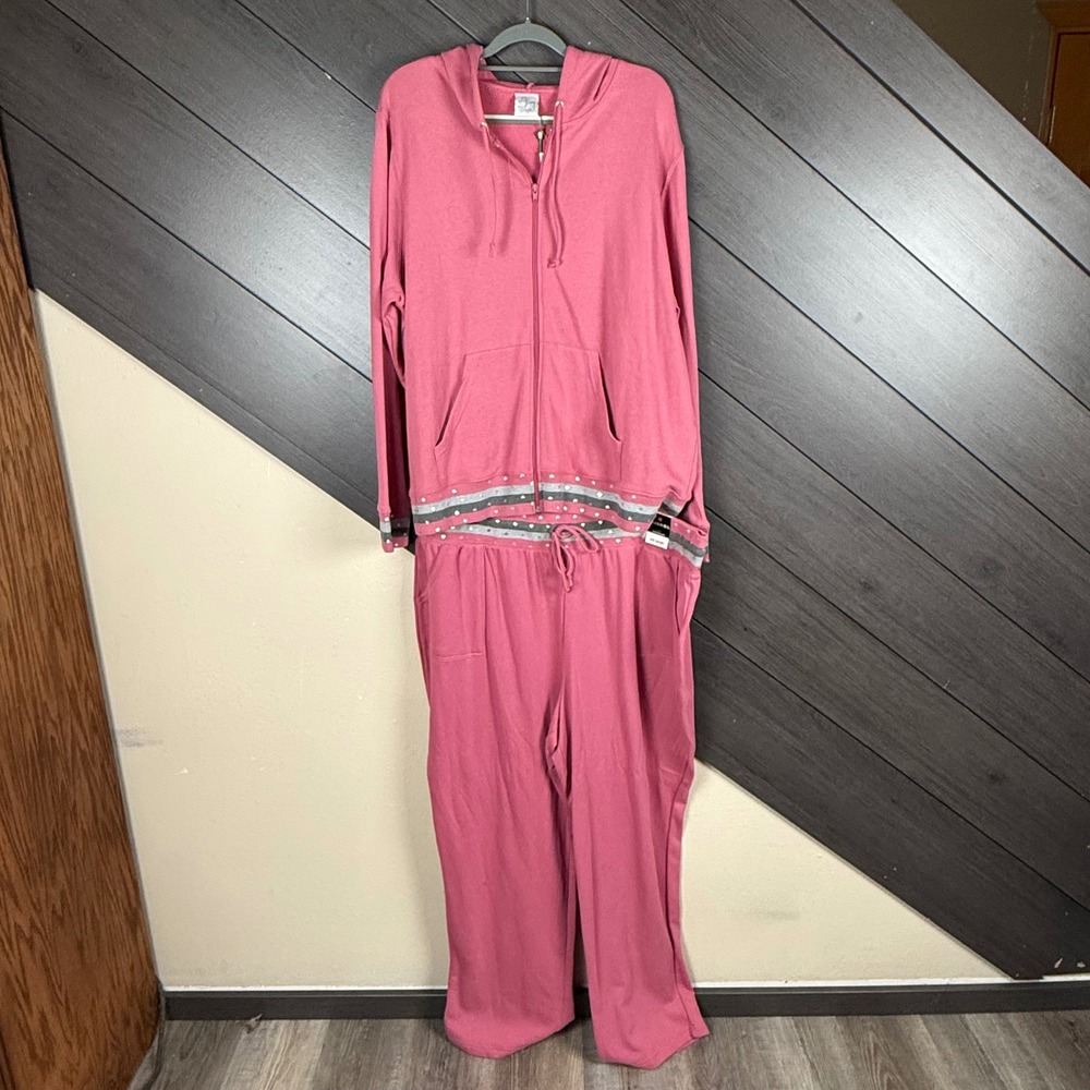 Fashion Bug Women's 22/24 26/28 2 Piece Hoodie Pants Pink Y2K Heart Deadstock